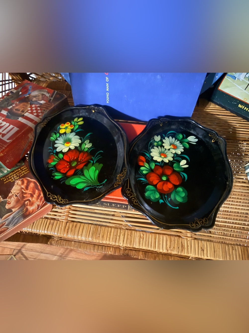 Vintage USSR Zhostovo Floral Trays Set of 2 Soviet Russian Folk Art